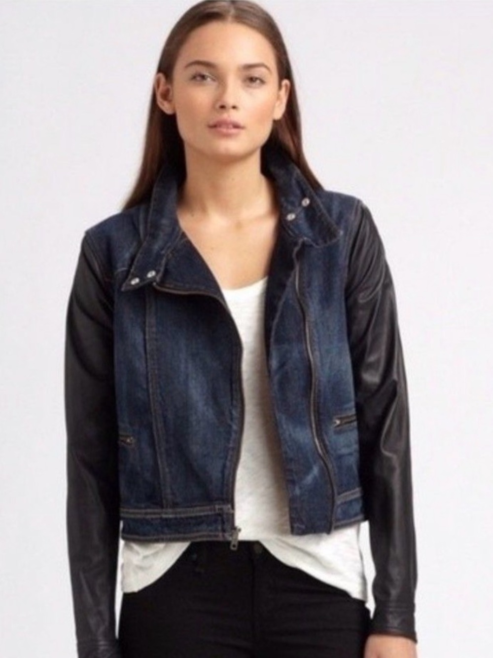 Rag & Bone dark Denim black Leather Moto Zip Jacket Fall layer designer XS $595